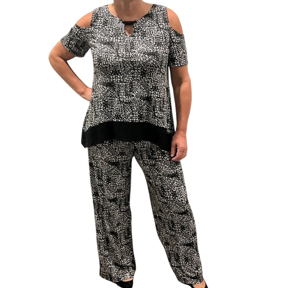 Rafaella Women's Black White Geometric Print Cold Shoulder Palazzo Pant Set‎ L